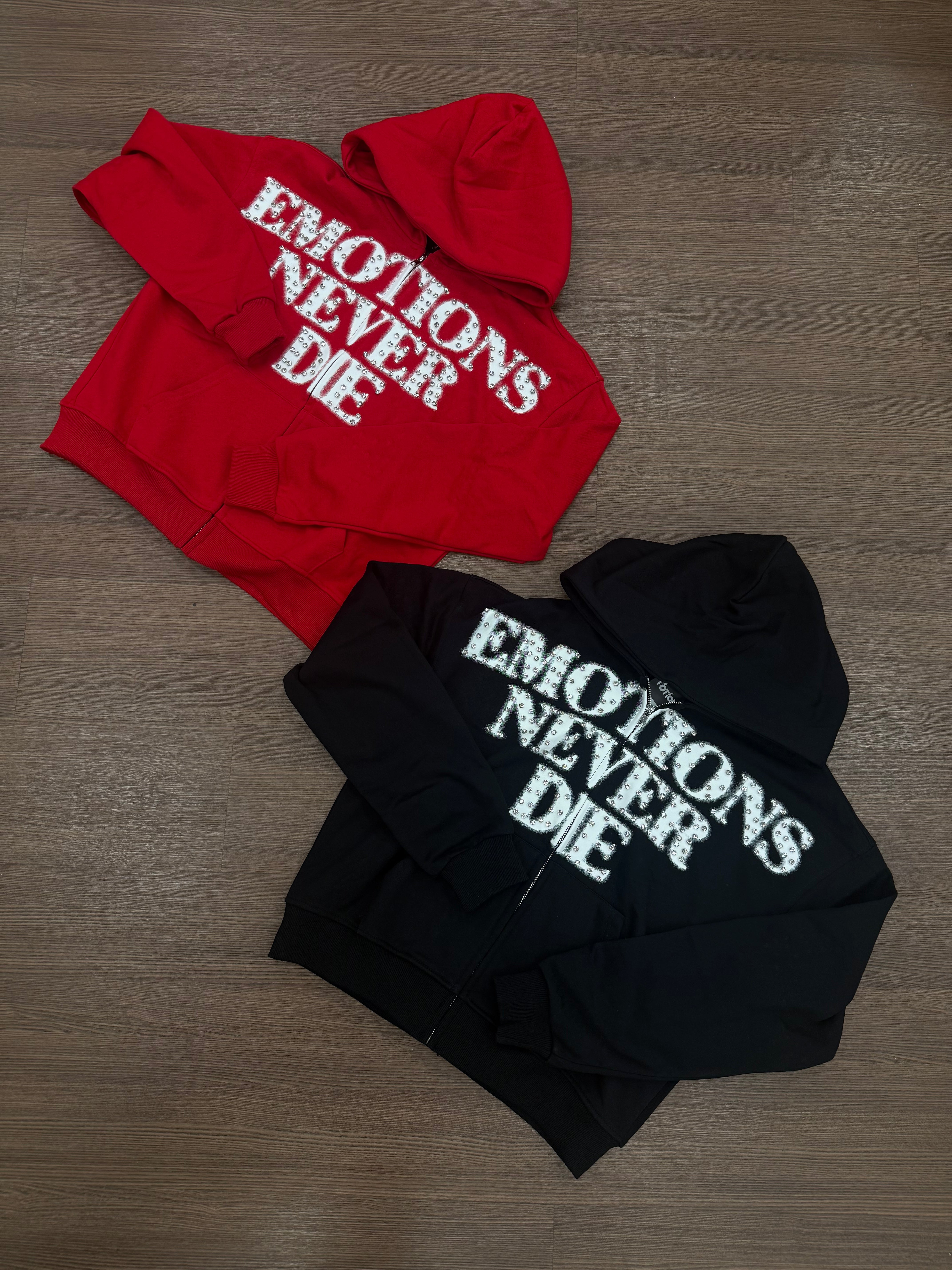 Red ‘End’ Rhinestone Zip Up