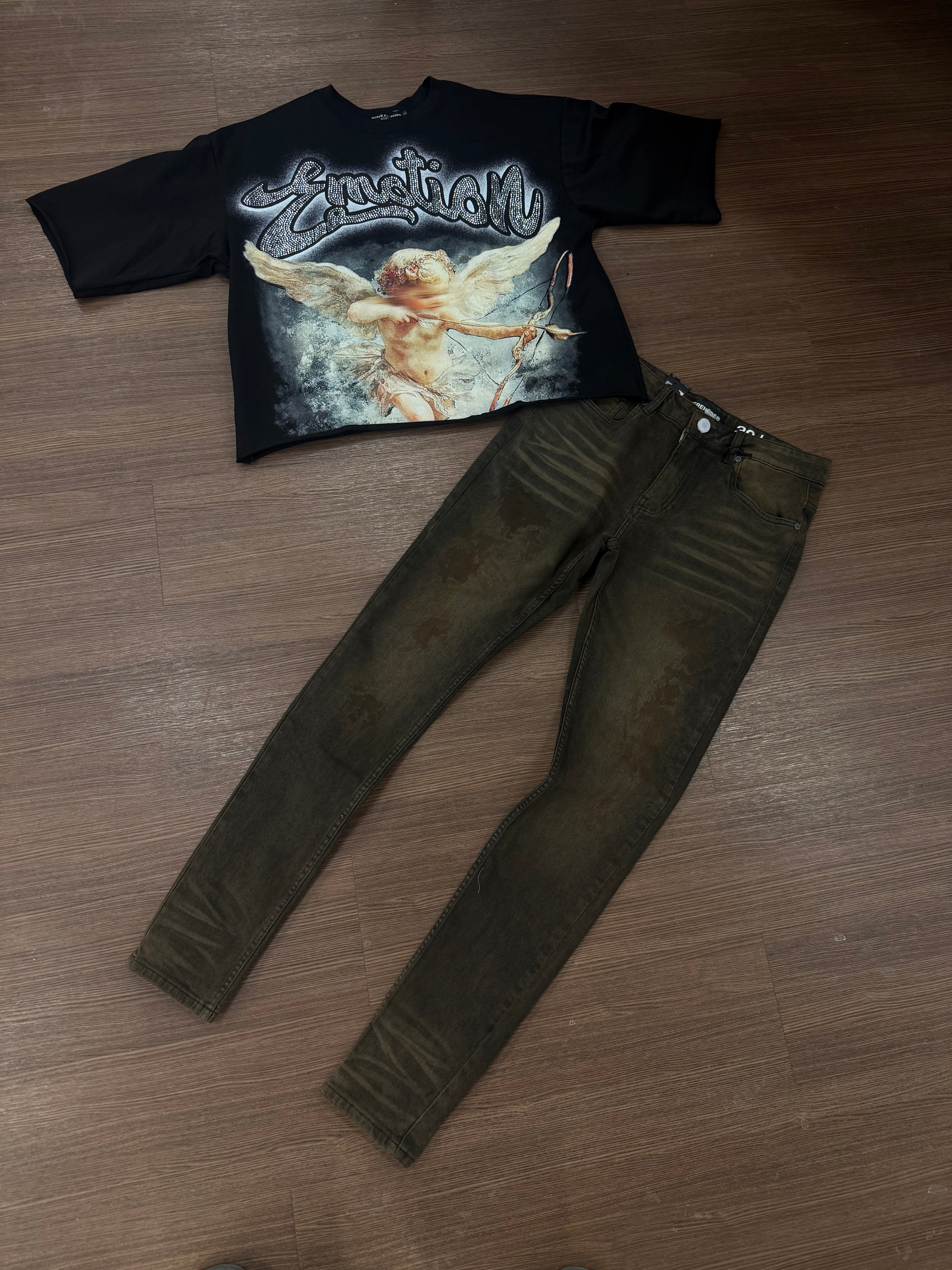 Black Cropped Cupid Rhinestone T Shirt