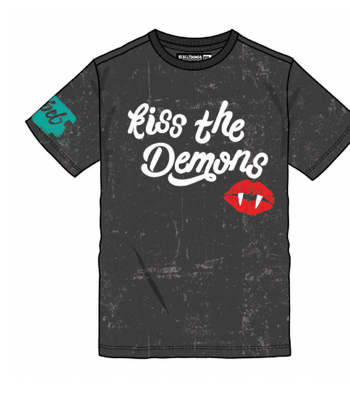 REBEL ACID WASHED KISS THE DEMON TEE BLACK 168