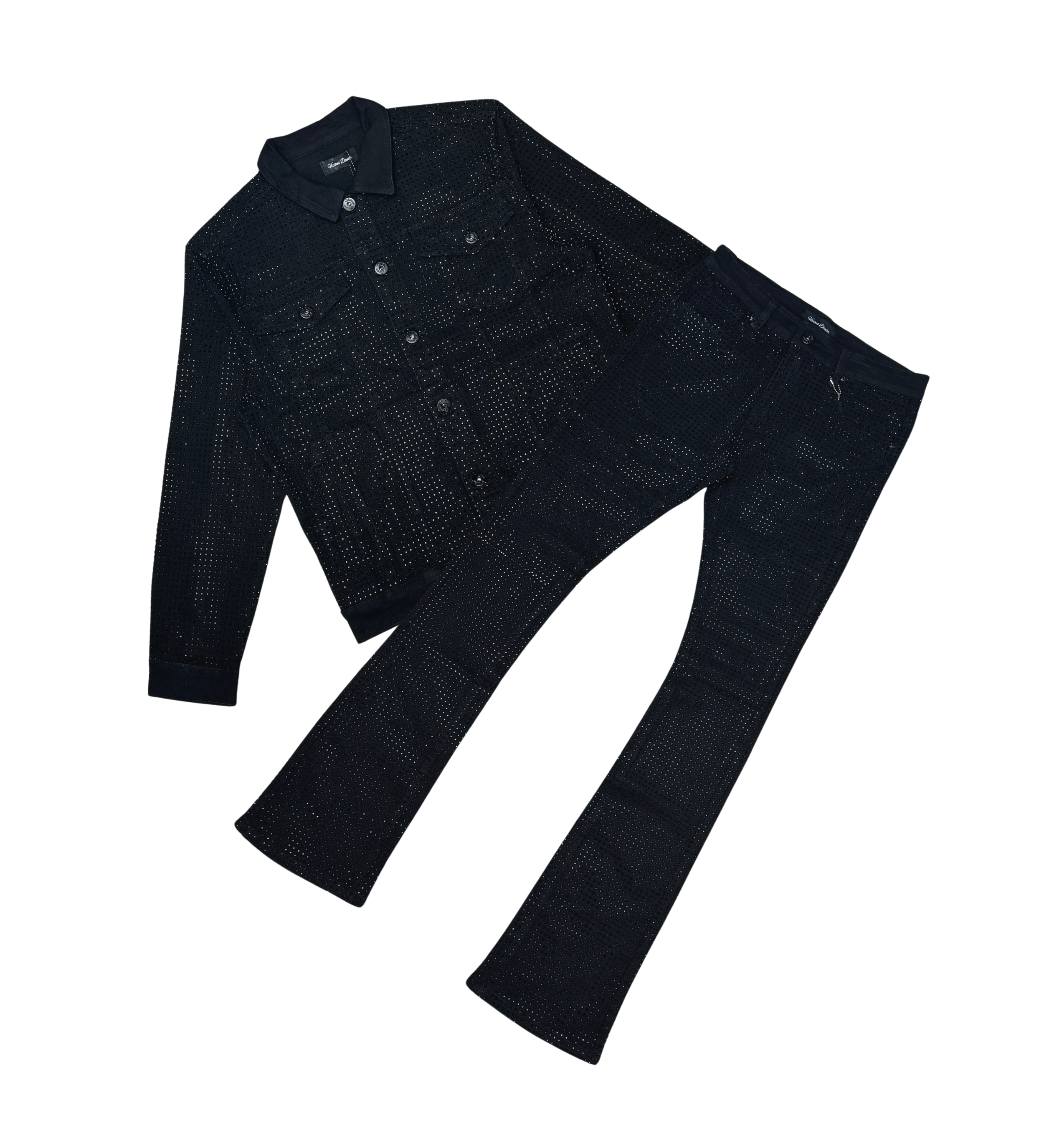BLK STUDDED DENIM FLARE PANTS