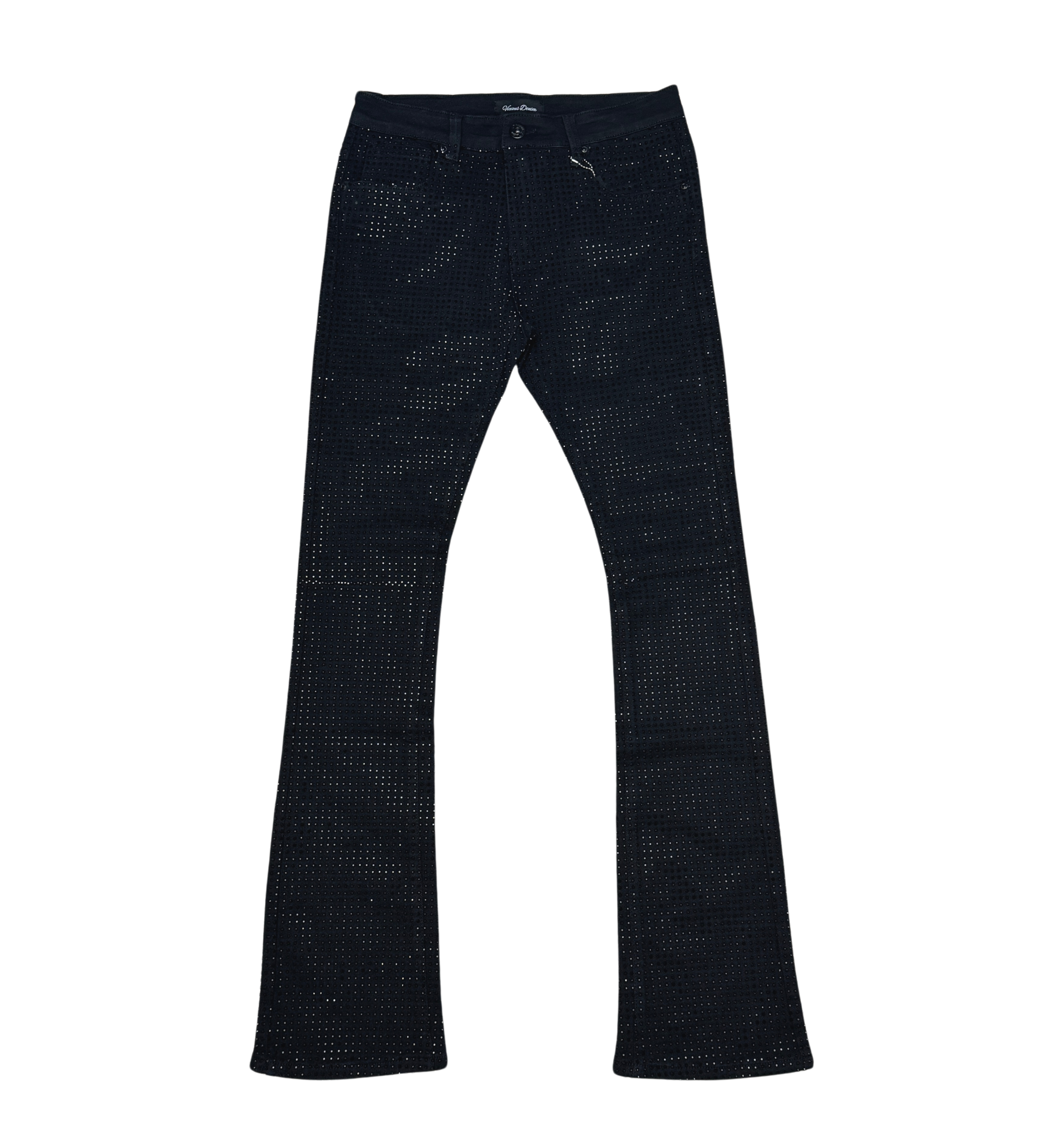BLK STUDDED DENIM FLARE PANTS