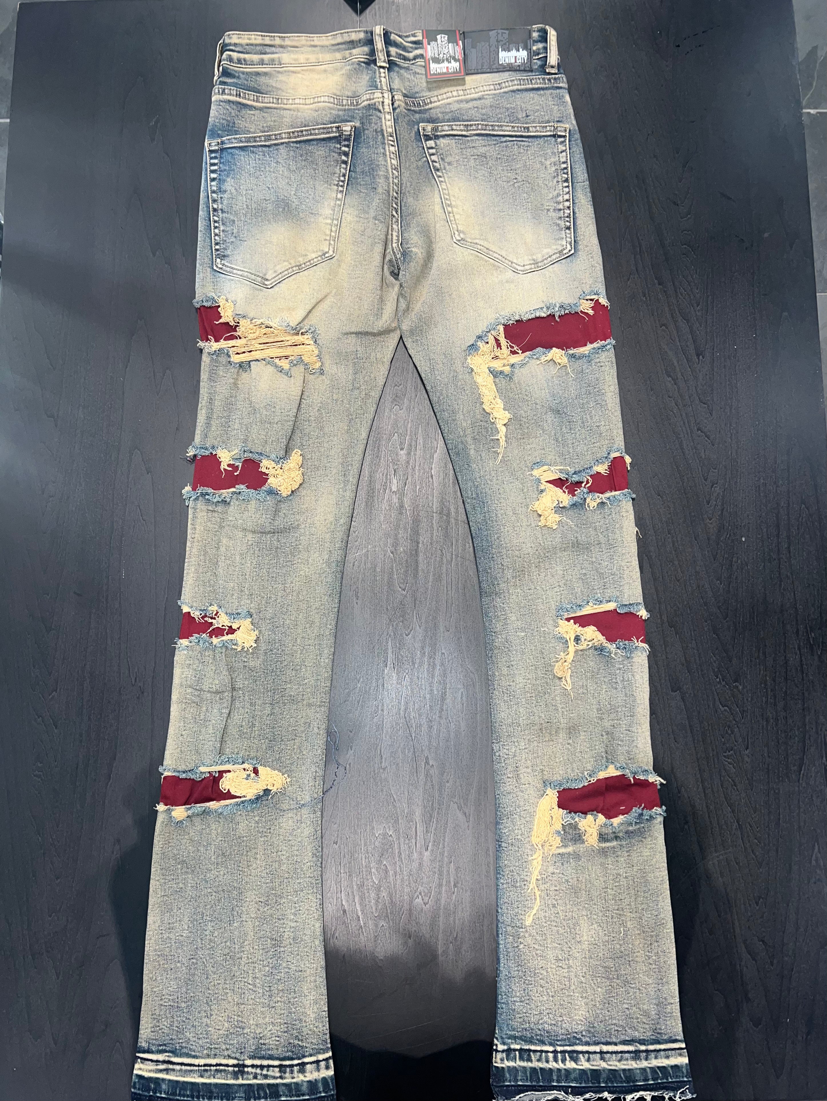 DENIM CITY ZOMBIE BURGUNDY RIPPED VINTAGE PANTS K118