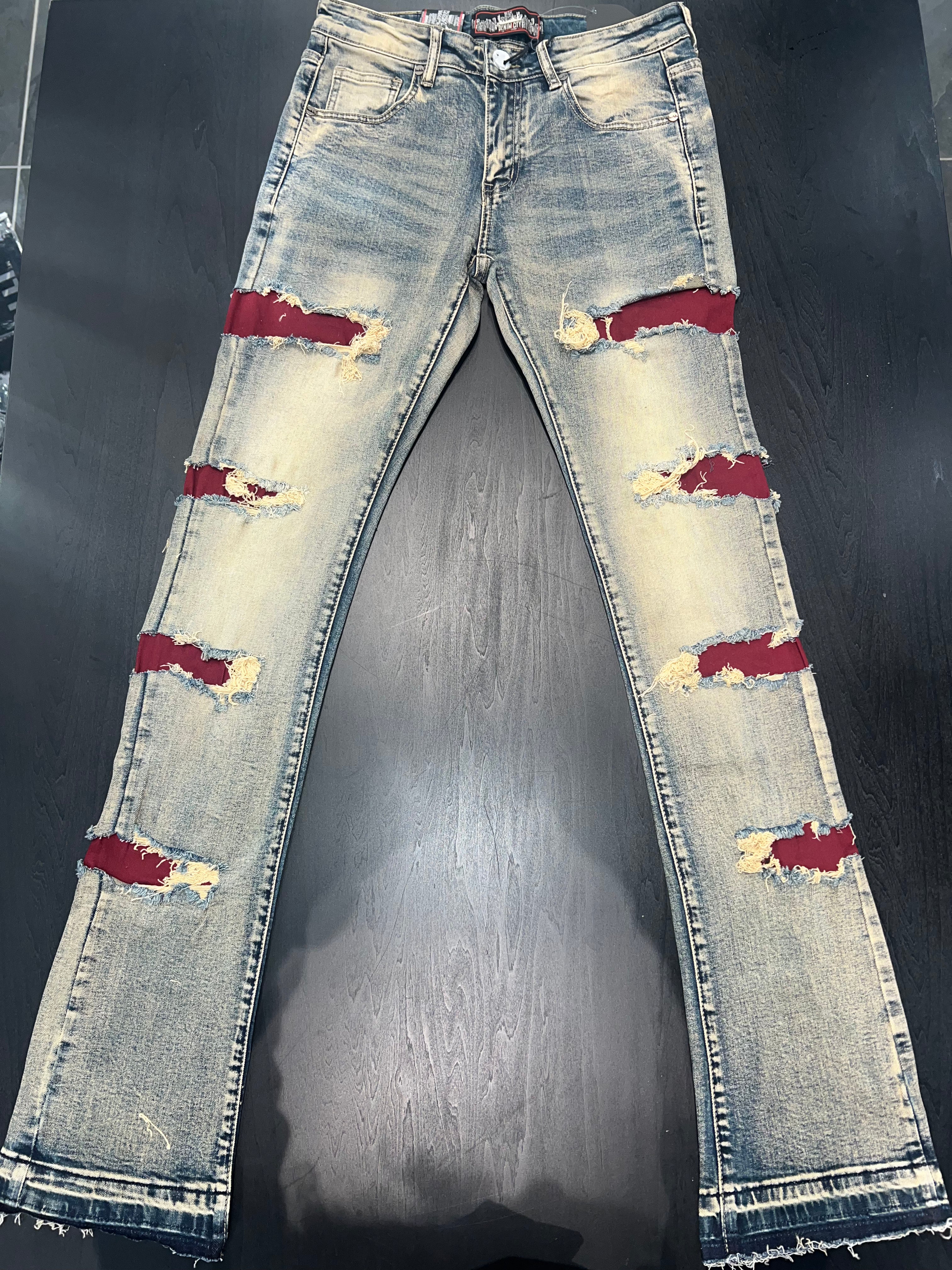 DENIM CITY ZOMBIE BURGUNDY RIPPED VINTAGE PANTS K118